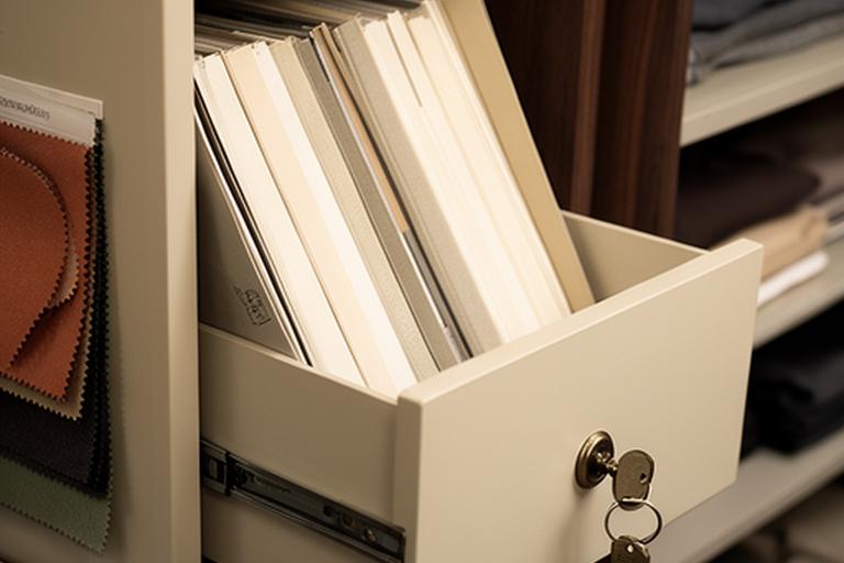 Organised client order folders stored in a secure cabinet inside a fashion atelier