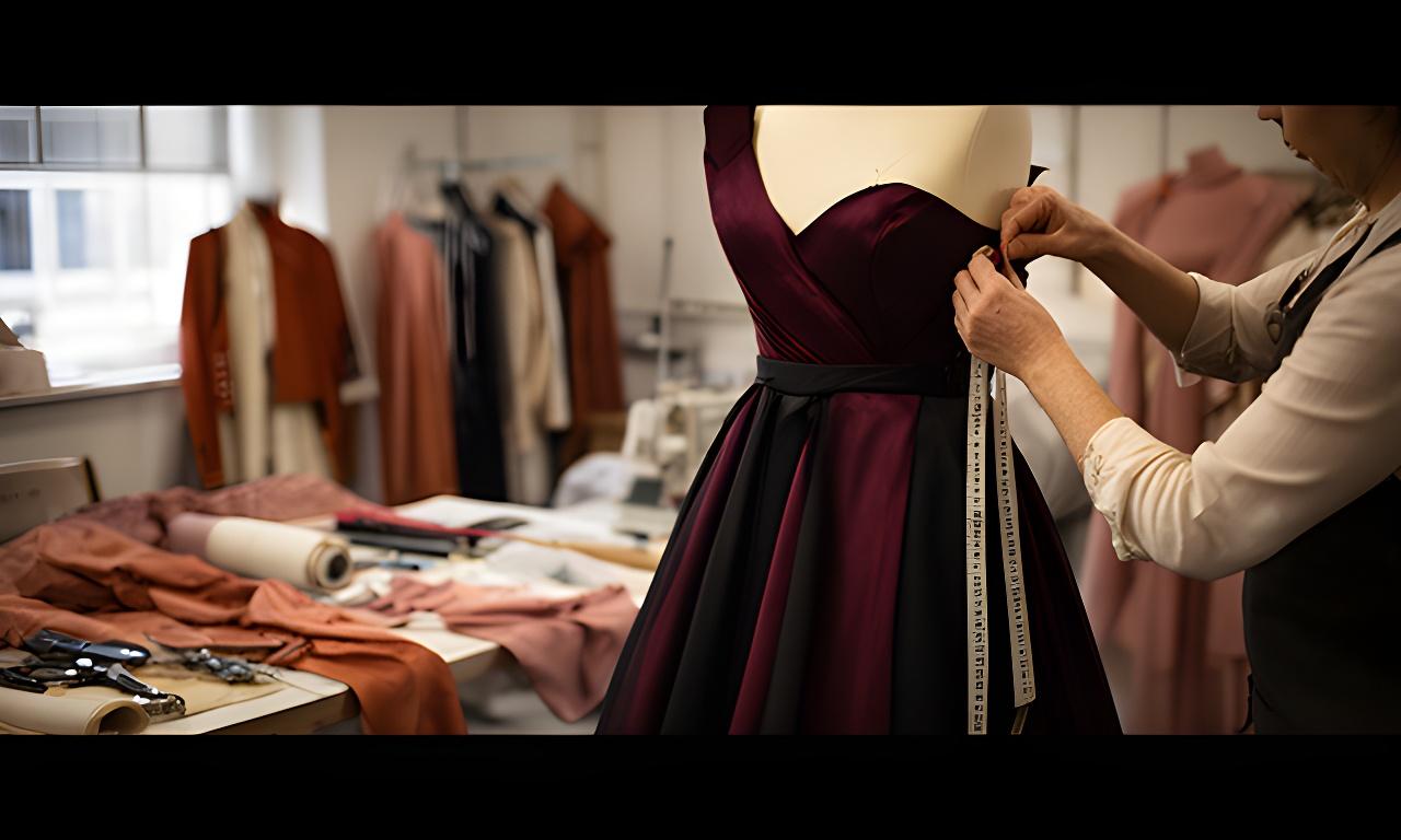 Close view of a formal evening gown being adjusted on a mannequin in a Northampton design studio