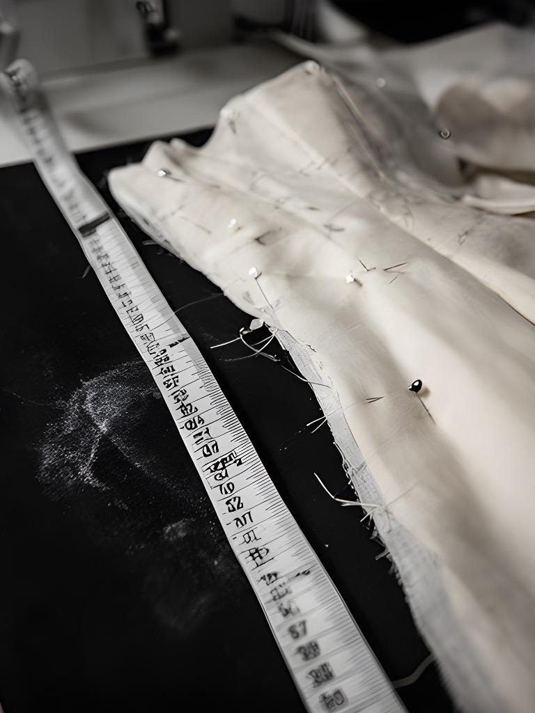 Measuring tape resting on a black-and-white cutting table beside pinned calico fabric