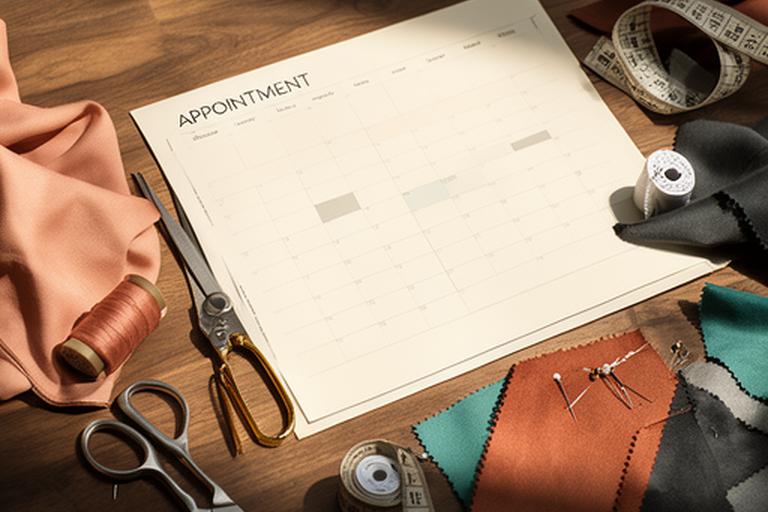 Appointment calendar and dressmaking tools on a studio desk showing a planned fitting schedule