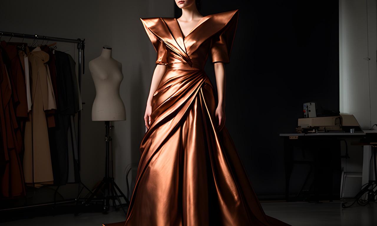 Model wearing a sculptural copper evening gown in a Northampton studio with hard side lighting