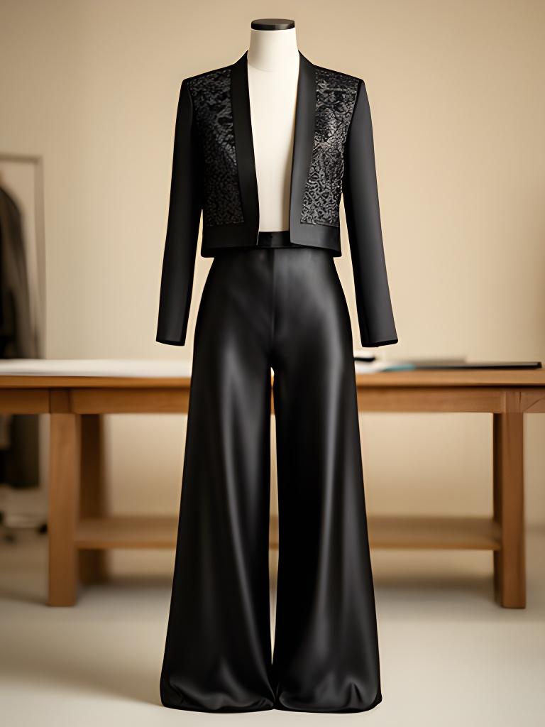 Black satin evening separates with a cropped jacket and wide trousers on a dress form in the atelier