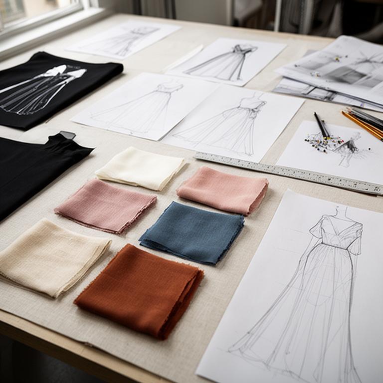 Technical evening gown sketches beside folded fabric swatches in a Northampton design studio