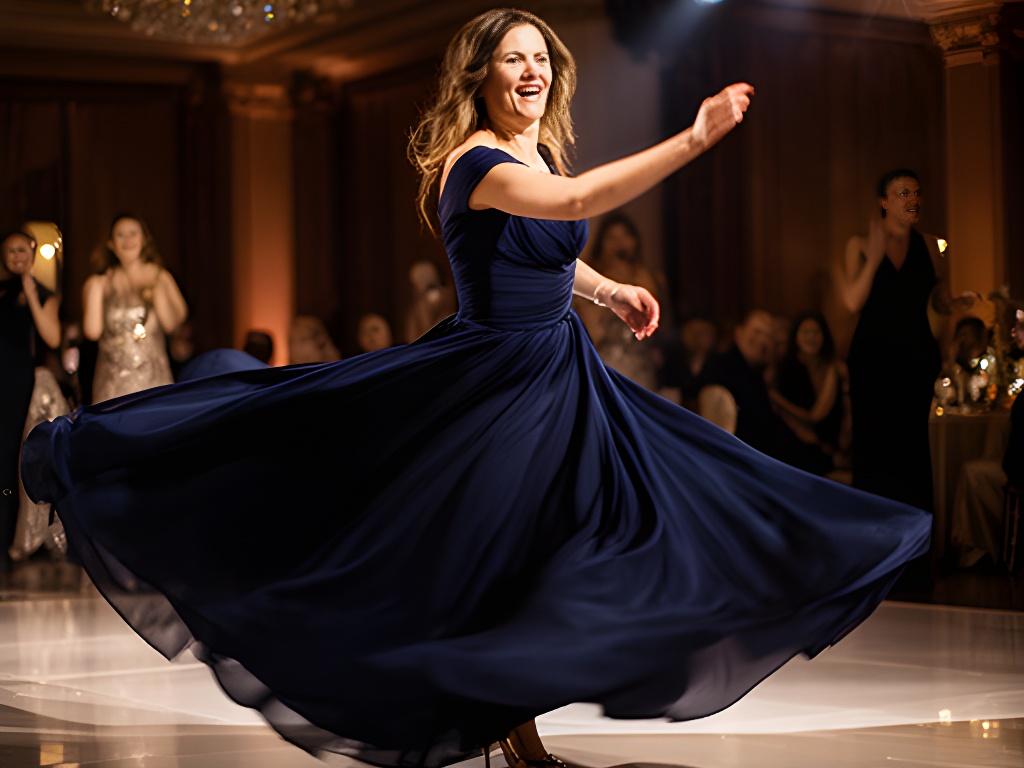 Client dancing at a gala in a midnight-blue gown with the skirt moving across a polished floor