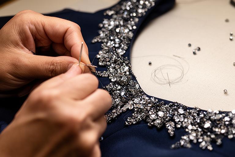 Hand sewn beadwork being added to the neckline of a midnight blue evening gown