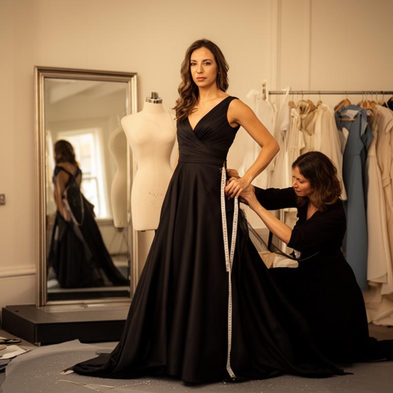 Client attending a final evening gown fitting with a designer in a softly lit Northampton atelier