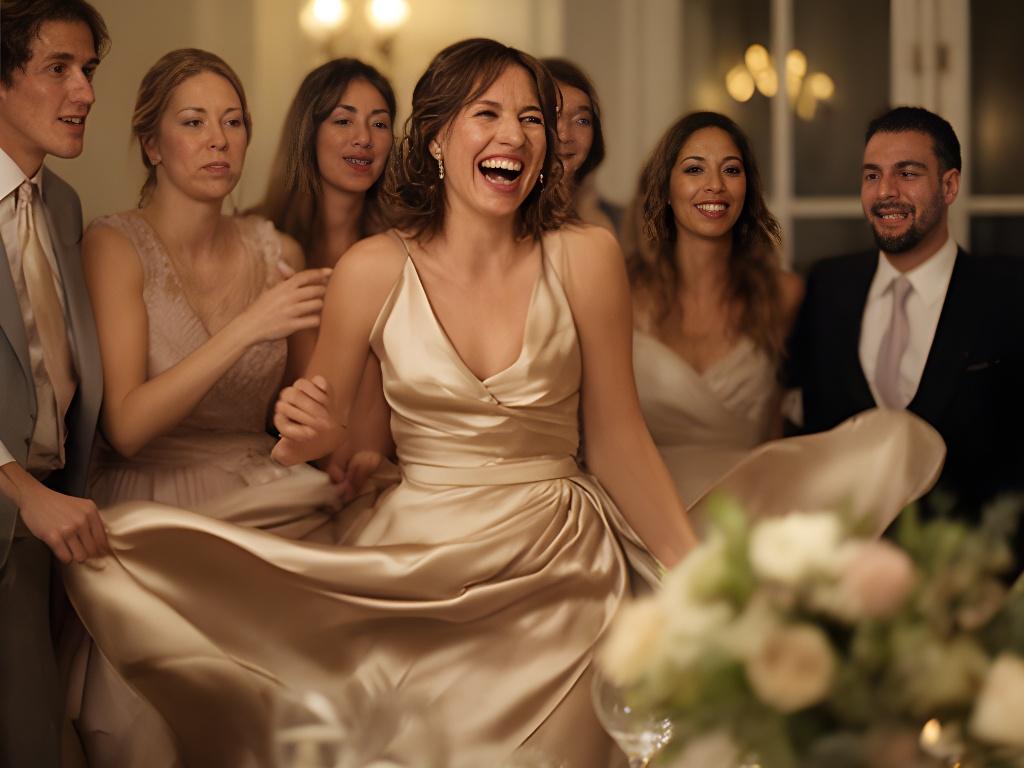Client laughing with friends at a wedding reception in a champagne-coloured evening dress