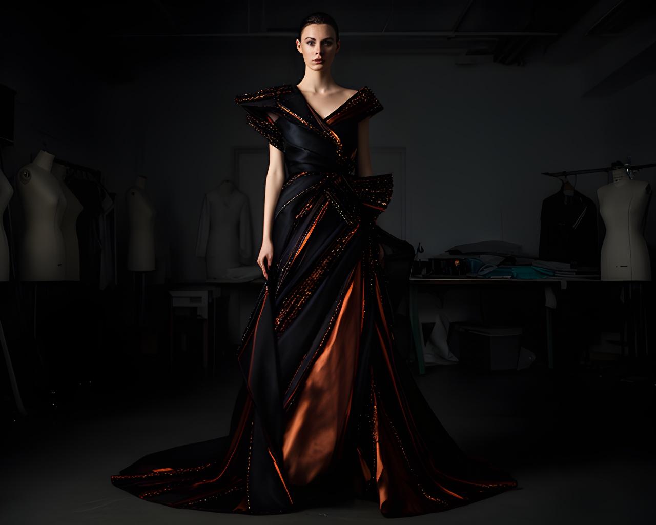 Model wearing a sculptural silk evening gown in a shadowed Northampton studio
