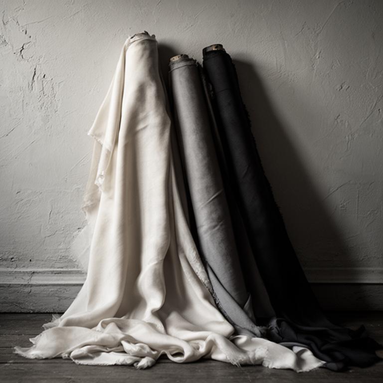 Monochrome rolls of raw silk resting against a plaster wall in the Northampton atelier