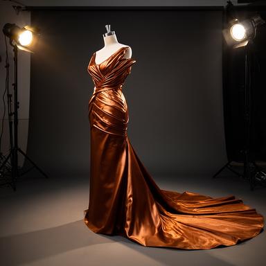 Anonymised copper gown with a sculpted bodice and sweeping train under studio lights