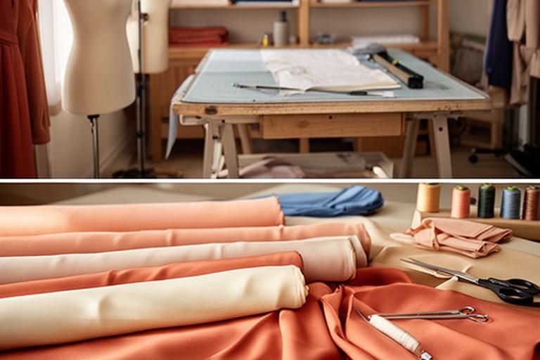 Rolls of warm-toned evening wear fabric arranged in a Northampton dressmaking workroom