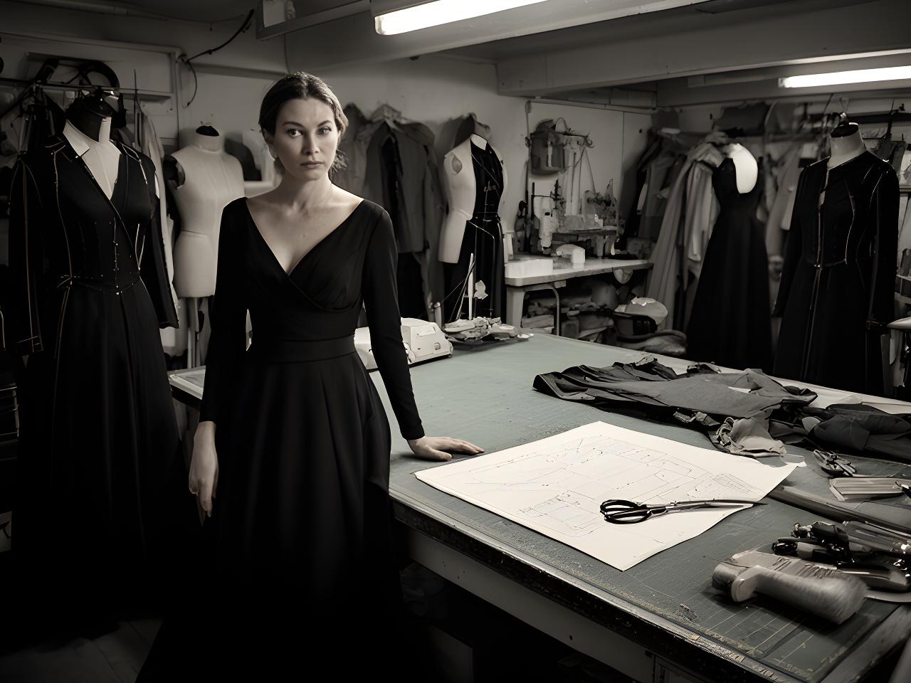 Evening wear designer standing beside a cutting table in a Northampton workshop