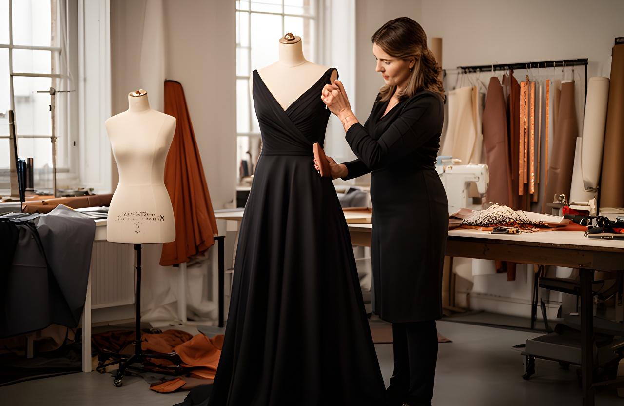 Designer adjusting a black evening gown during a private fitting in a Northampton atelier