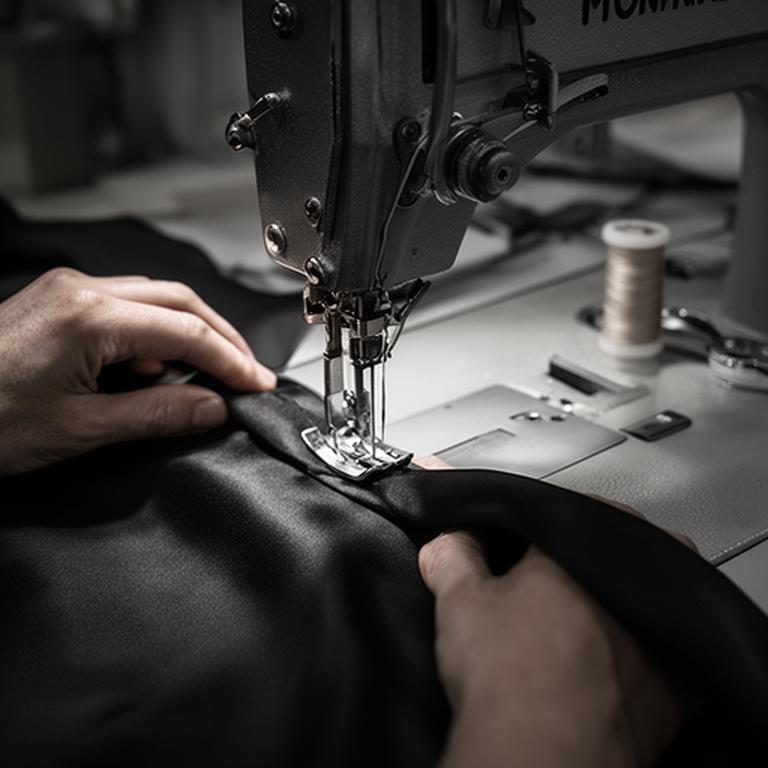 Industrial sewing machine stitching black silk in a working Northampton atelier