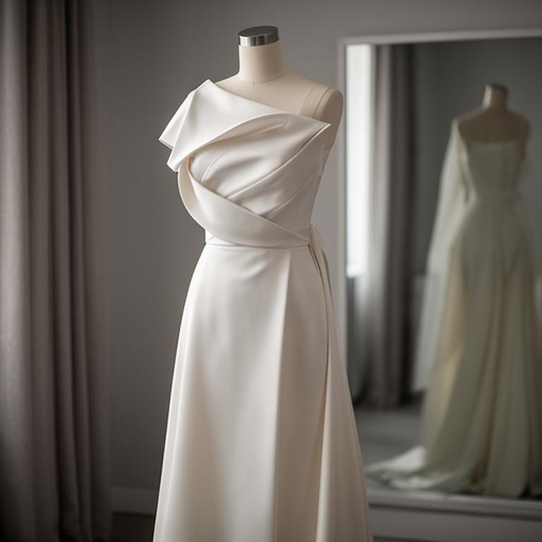 Modern ivory bridal gown with an asymmetric neckline in a quiet fitting room