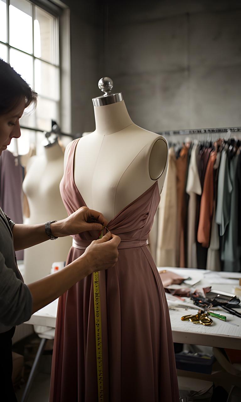 Designer adjusting the waist of an evening gown during a fitting in a Northampton studio