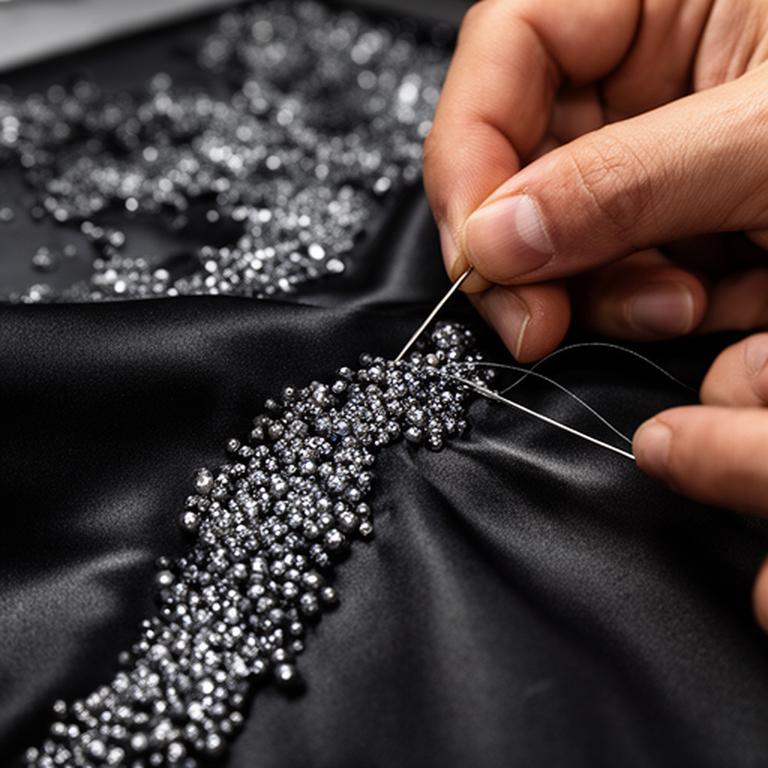 Close view of hand-finished silver beading being sewn onto black silk