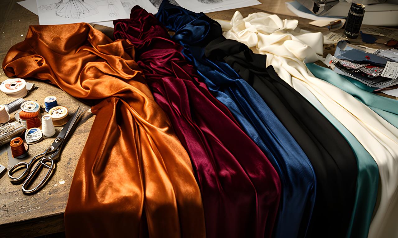 Rich silk and satin fabric swatches spread across an atelier workbench
