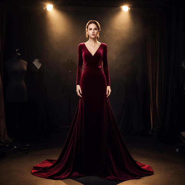 Deep red velvet evening gown on a model beneath theatrical lights in a dark atelier