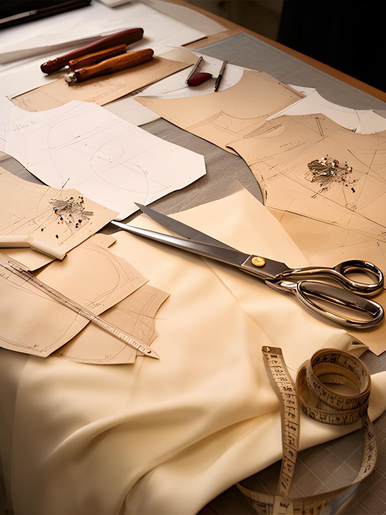 Pattern pieces, tailor's shears and ivory fabric arranged on a Northampton cutting table