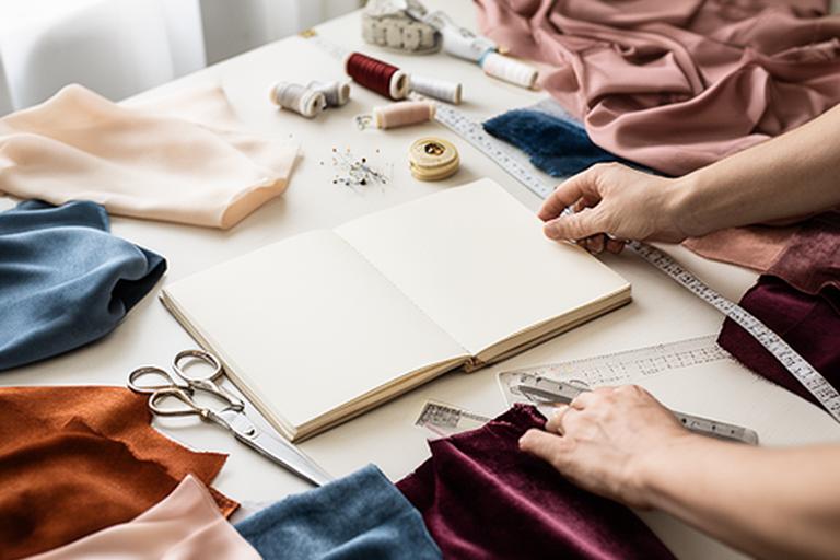 Designer reviewing gown measurements and handwritten order notes beside fabric samples