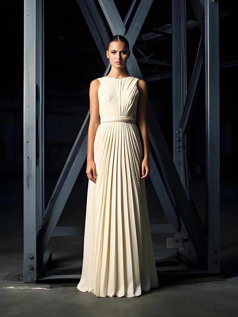 Model in an ivory structured gown framed by steel beams and deep warehouse shadows