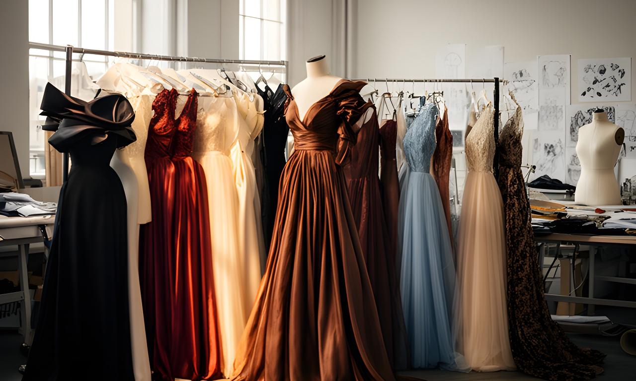 Selection of anonymised bespoke evening gowns arranged on rails in a Northampton design studio