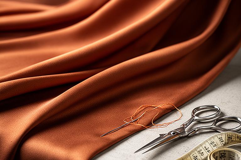 Close view of hand-finished silk folds on a rust evening gown beside sewing tools