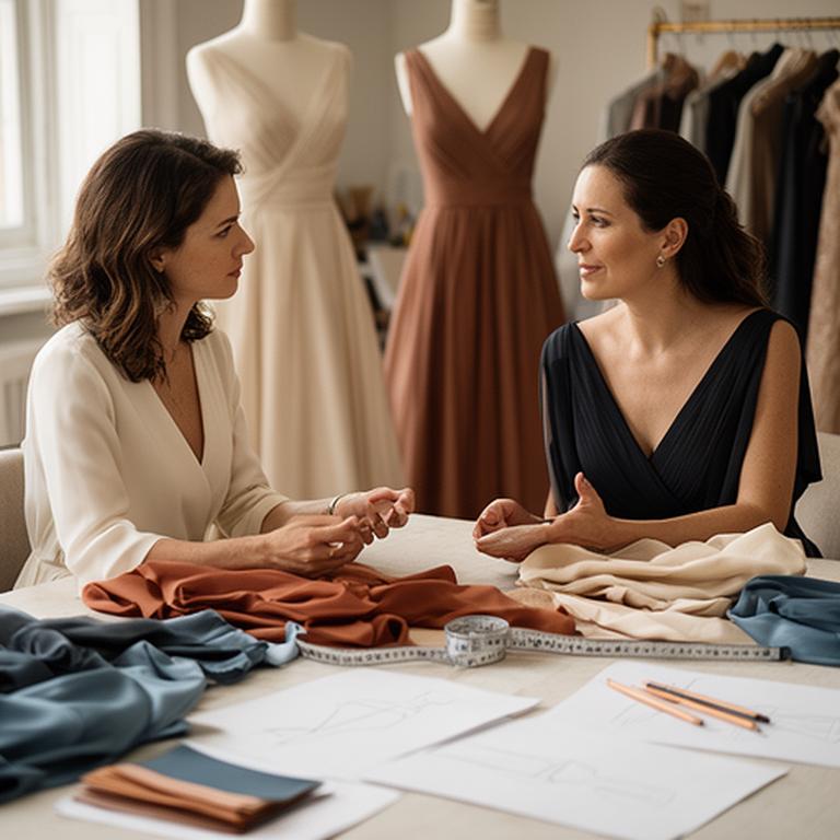 Designer and client discussing an evening dress silhouette across an atelier table