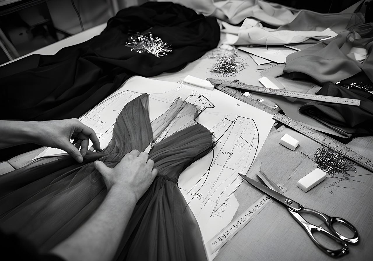 Black-and-white close-up of a designer marking a dramatic evening gown pattern on a cutting table