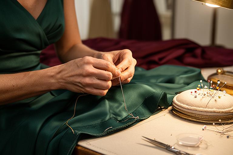 Seamstress hand-stitching the hem of a formal gown during an alteration appointment