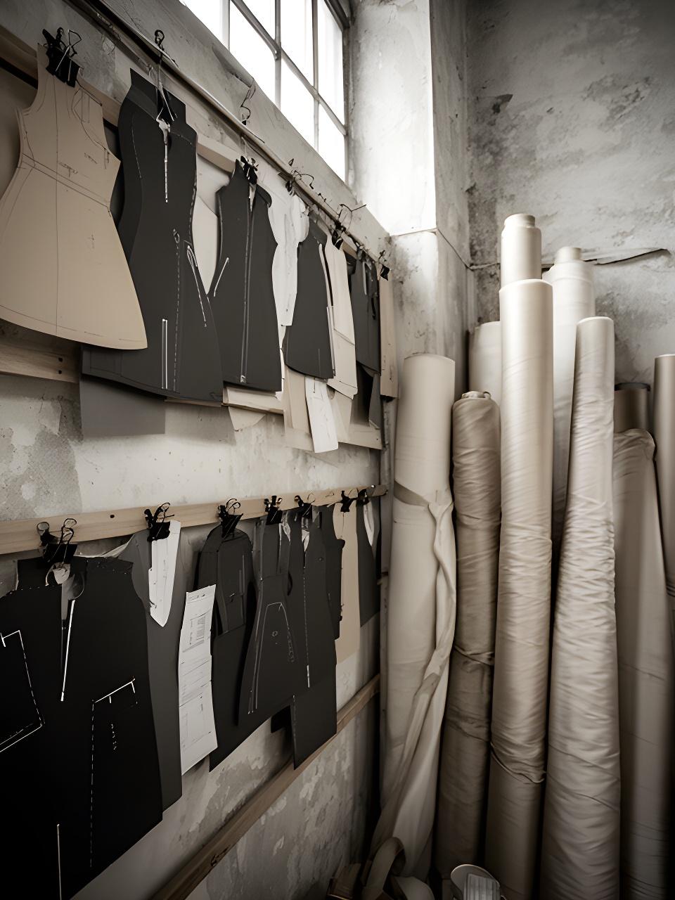 Pattern blocks hanging in rows beside rolls of raw silk in the designer's workshop