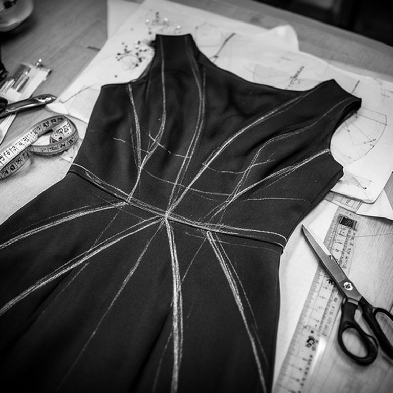 Black and white close-up of chalk markings on a dark evening gown at the cutting table