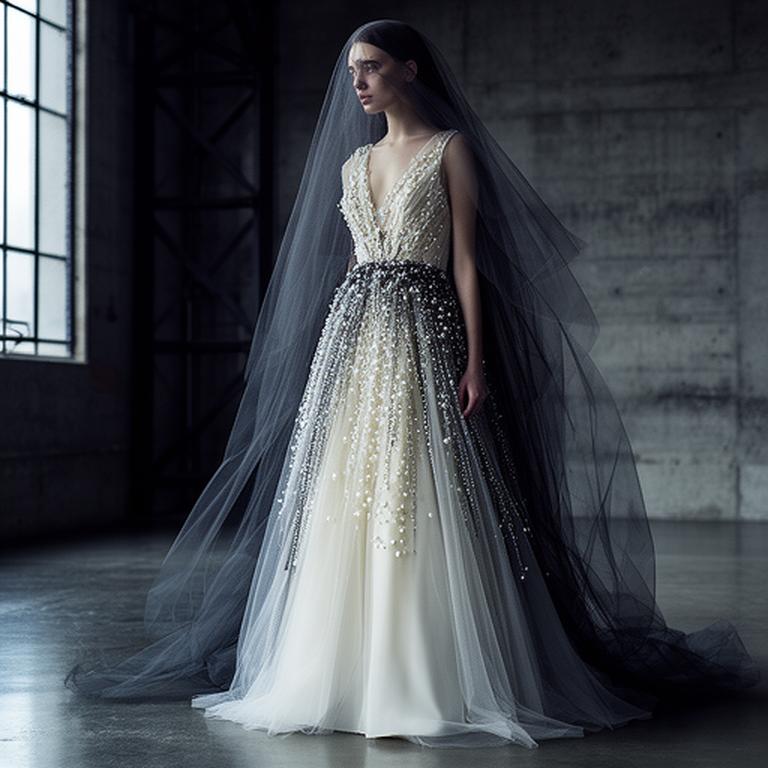 Modern bridal evening dress with a charcoal veil and pearl detailing in an industrial studio