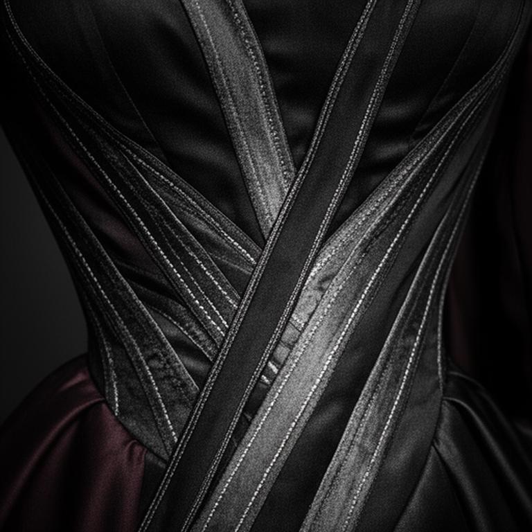 Close-up of hand-finished couture seams and internal corsetry in a deep evening gown