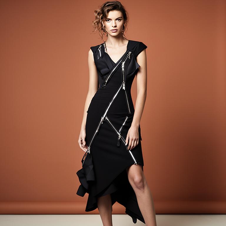 Black cocktail dress with exposed silver zips and an asymmetric hem against a warm studio wall