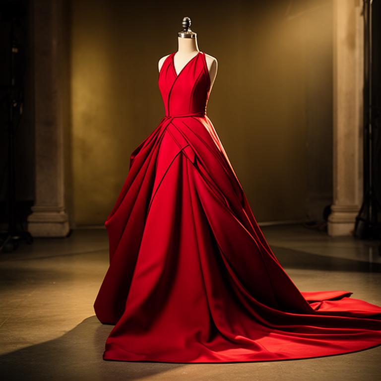 Floor-length red carpet gown with exposed seams under warm studio lighting