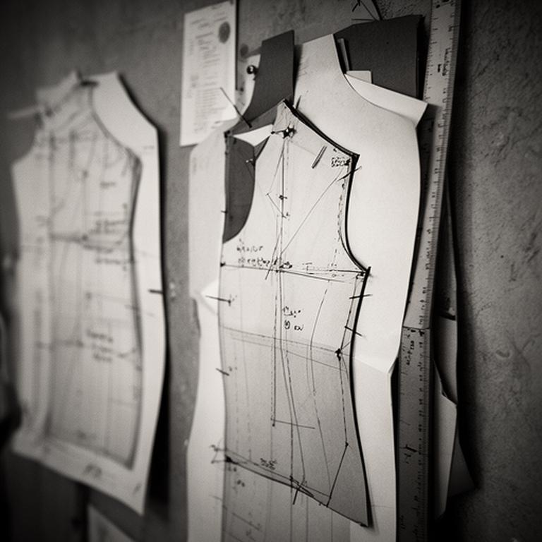 Detailed black and white pattern block pinned to a workshop wall beside handwritten measurements