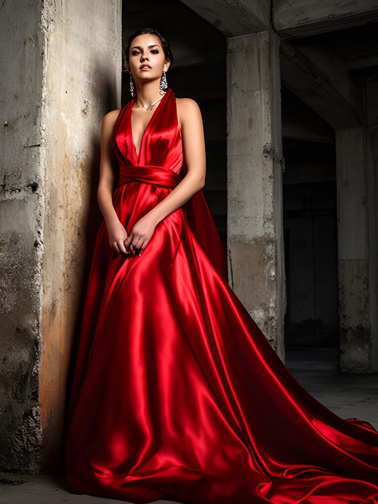 Woman wearing a scarlet satin gown beside raw concrete columns in an abandoned warehouse