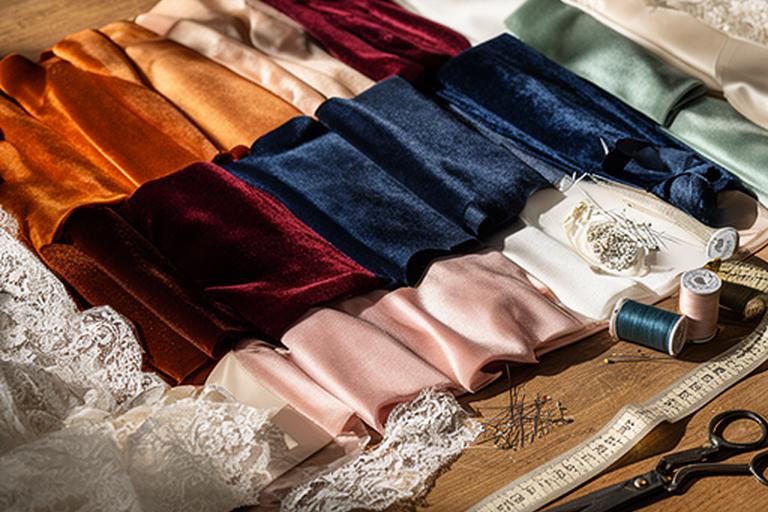 Rows of silk, velvet and lace swatches arranged on a wooden worktable for a formal gown