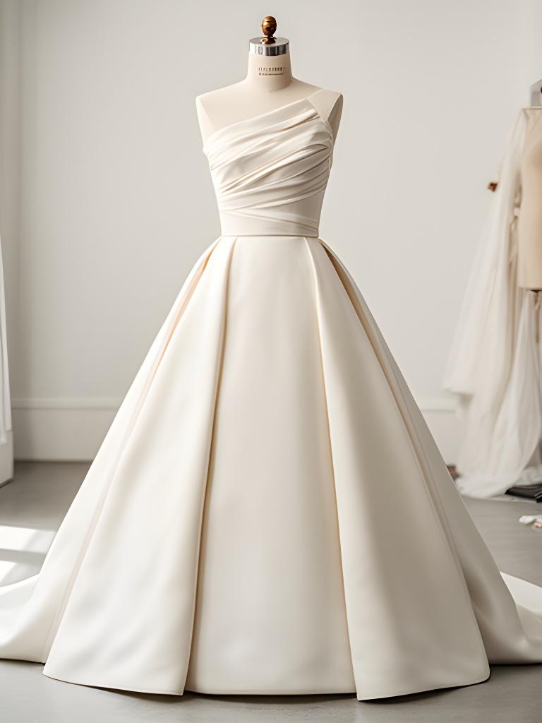 Ivory architectural gala gown with folded bodice detail displayed in a bright Northampton fitting room