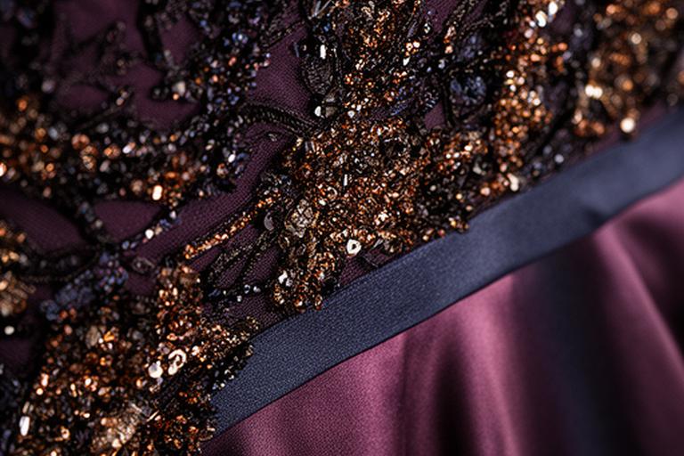 Detailed beadwork and satin panel on a deep-coloured formal evening dress