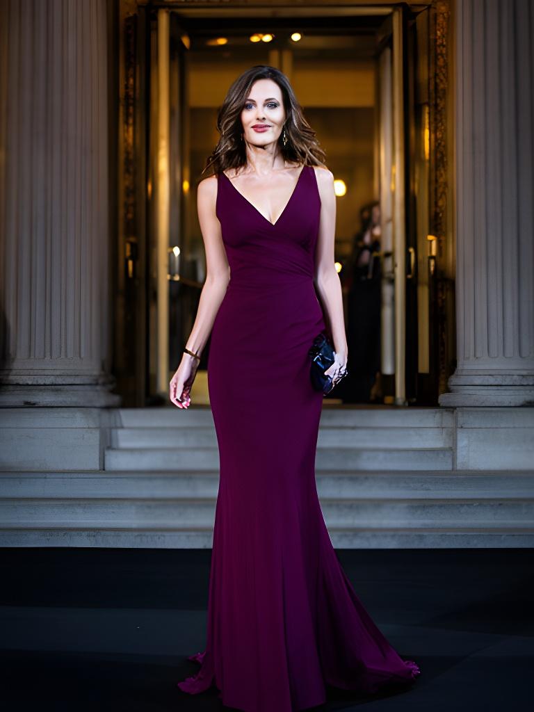 Client arriving at a gala in a fitted plum gown outside a lit theatre entrance