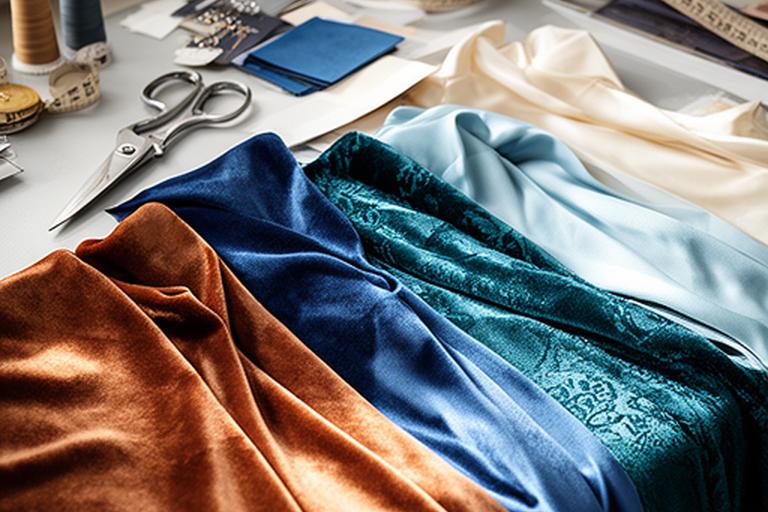Organised fabric swatches in copper, blue, and teal tones on an atelier workbench