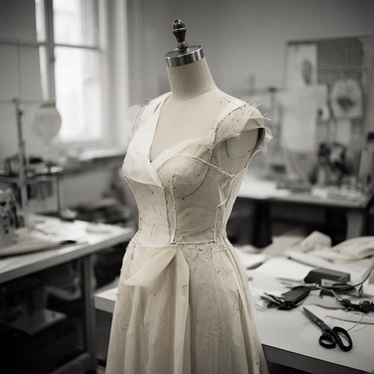 Calico toile of a fitted evening gown pinned on a dress form in a working atelier
