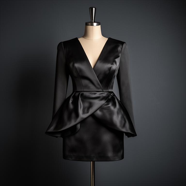 Black satin cocktail dress displayed against a deep charcoal atelier wall