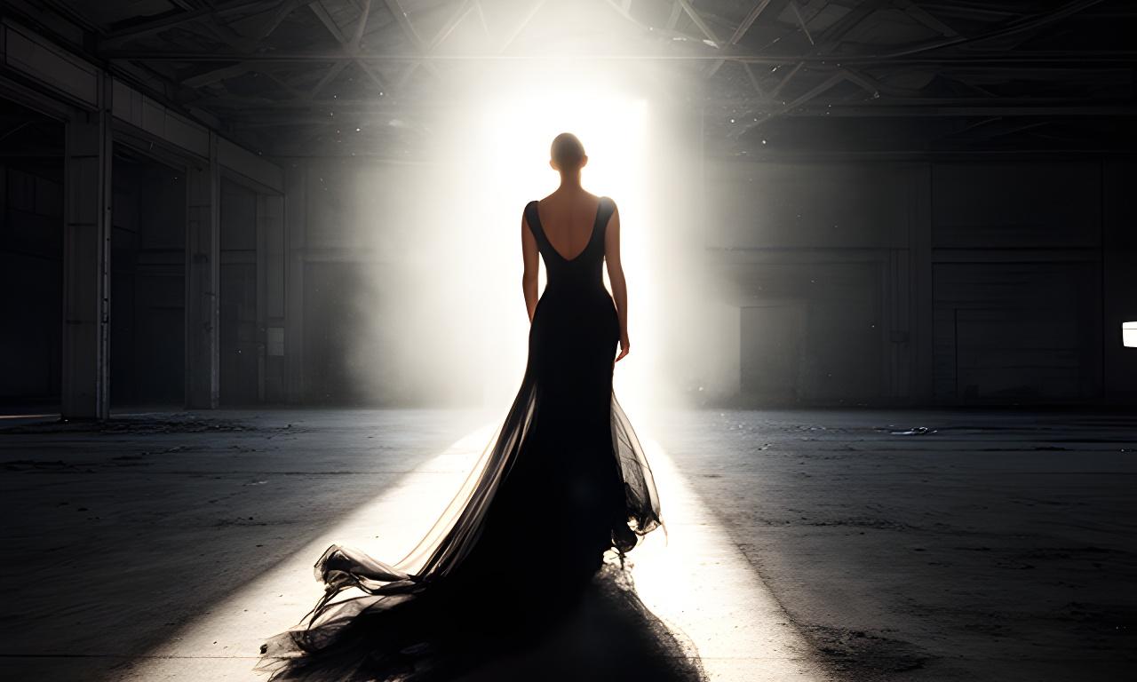 Model in a long black gown walking through an abandoned warehouse with bright light behind her