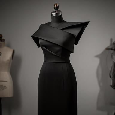 Anonymised black gown with a sharp folded shoulder and fitted waist on a dress form
