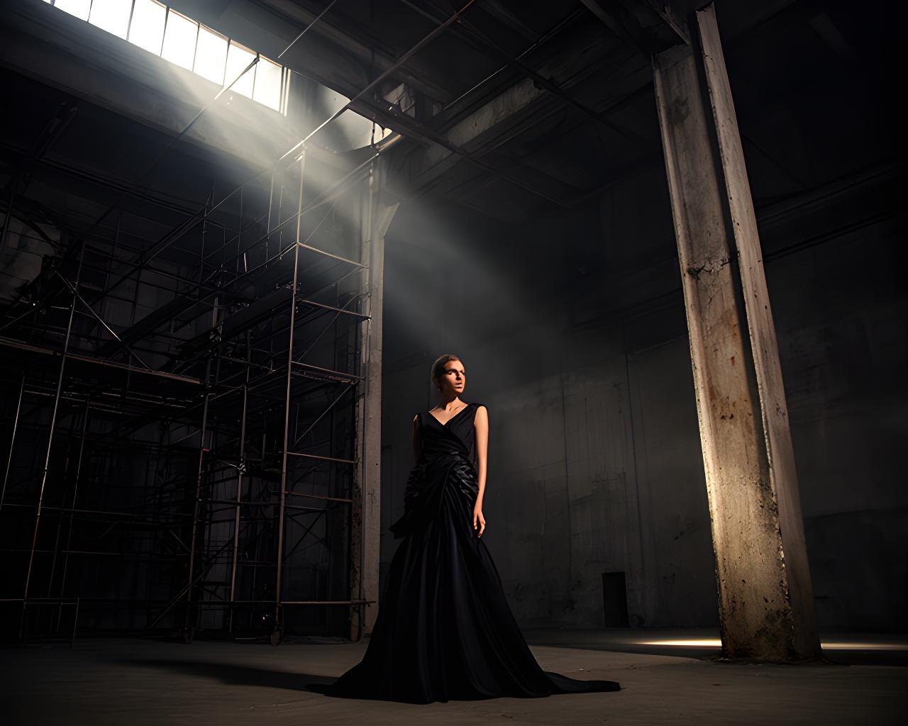 Model in a sculpted black evening gown standing beneath warehouse scaffolding and harsh window light